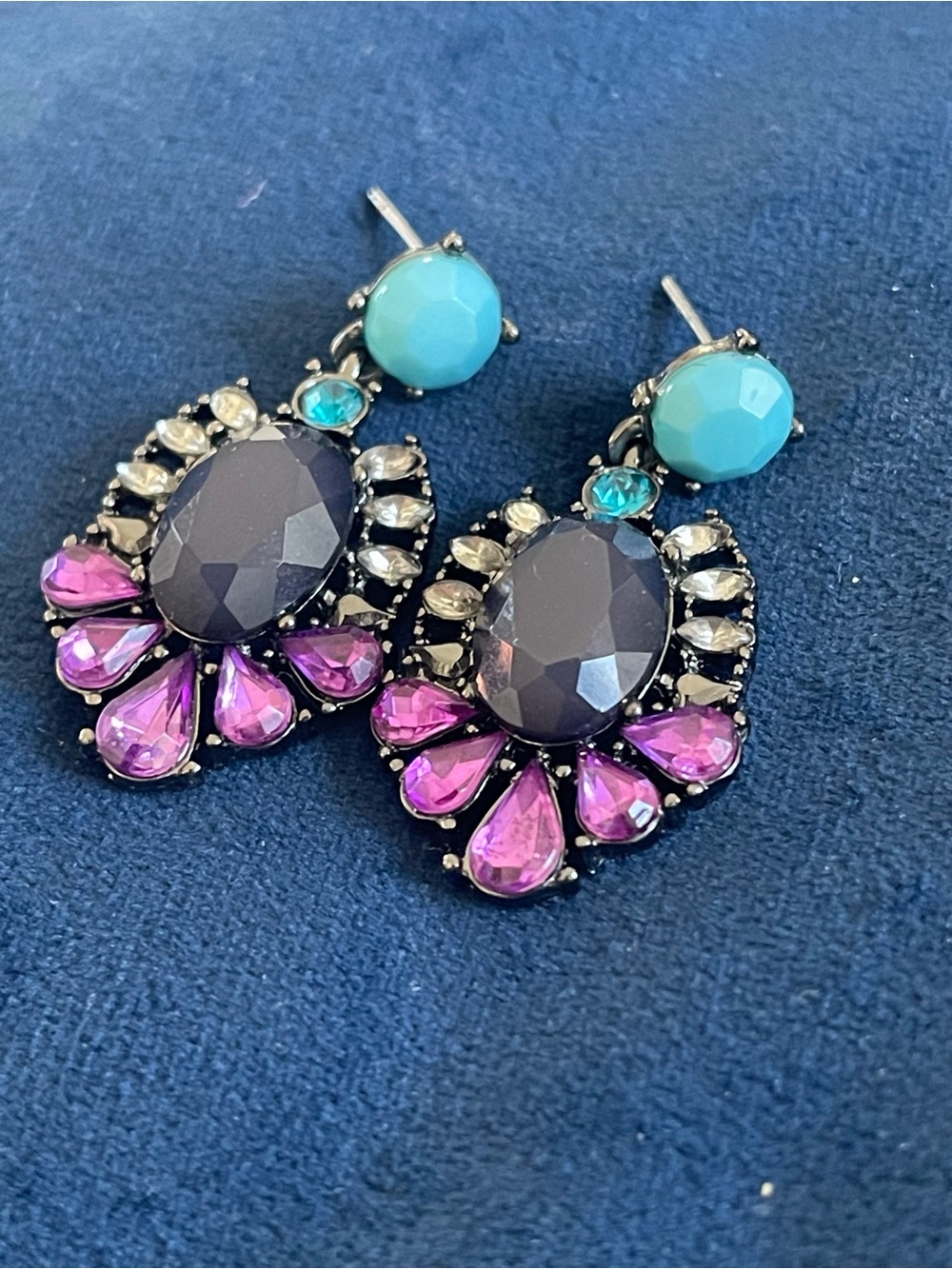 Crystal Statement Drop Earrings in Turquoise, Purple, and Black